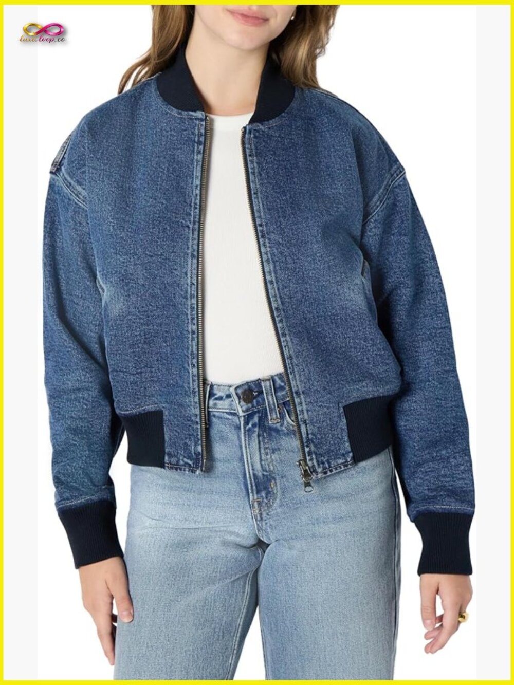 Relaxed-Fit Denim Bomber Jacket Padded Stretch Classic Layering Essential